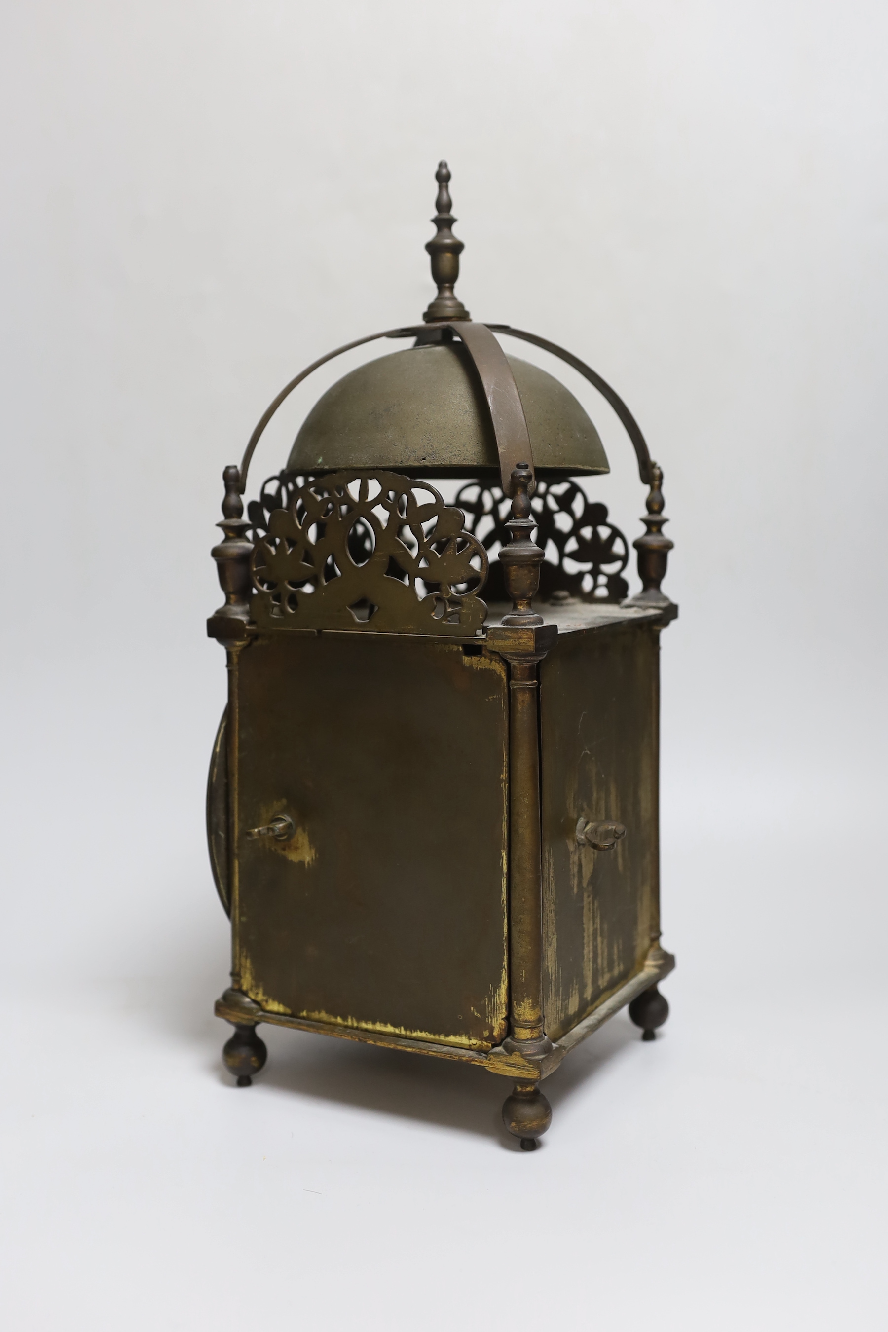 A 16th century and later brass lantern clock by John Wise, later fusee movement, 39cm